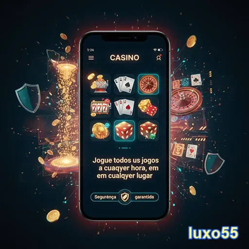 Interface do aplicativo de cassino Luxo55, mostrando jogos e opções de apostas.